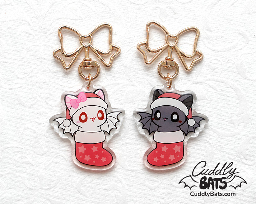 Cuddly Bats Christmas stocking keychain charm